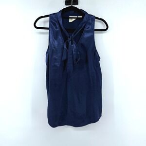 Maeve Blouse Tie Neck 12 Navy Blue Womens Satin Sleeveless Anthropologie Top